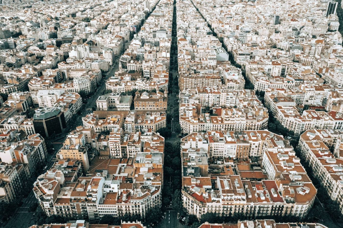 Aerial view over the rooftops of Barcelona