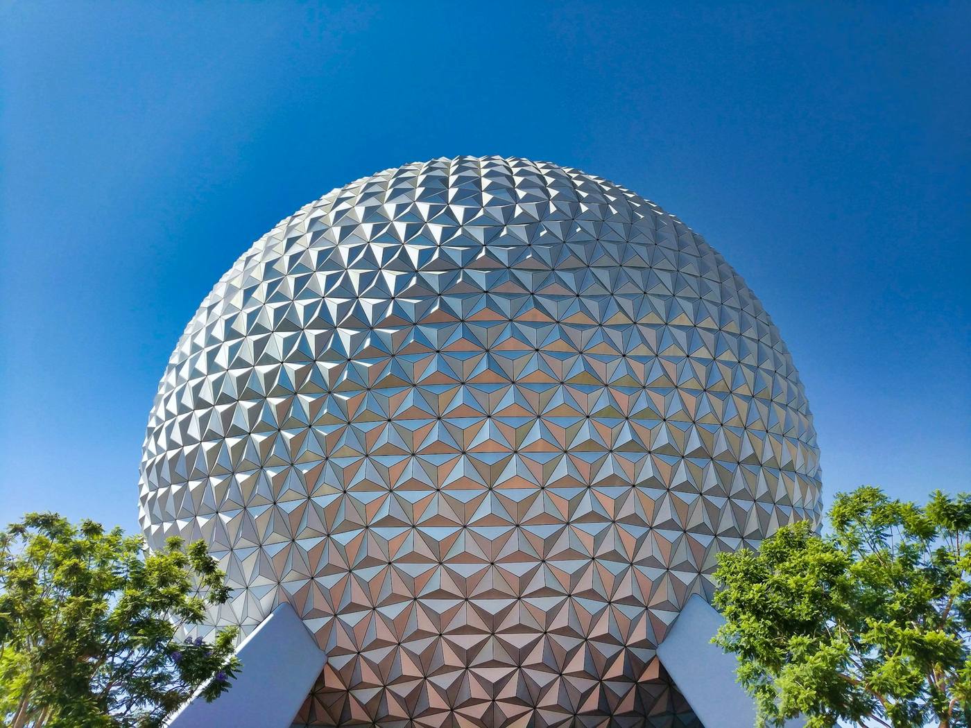 Spaceship Earth under a blue sky, Epcot, Walt Disney World, Florida
